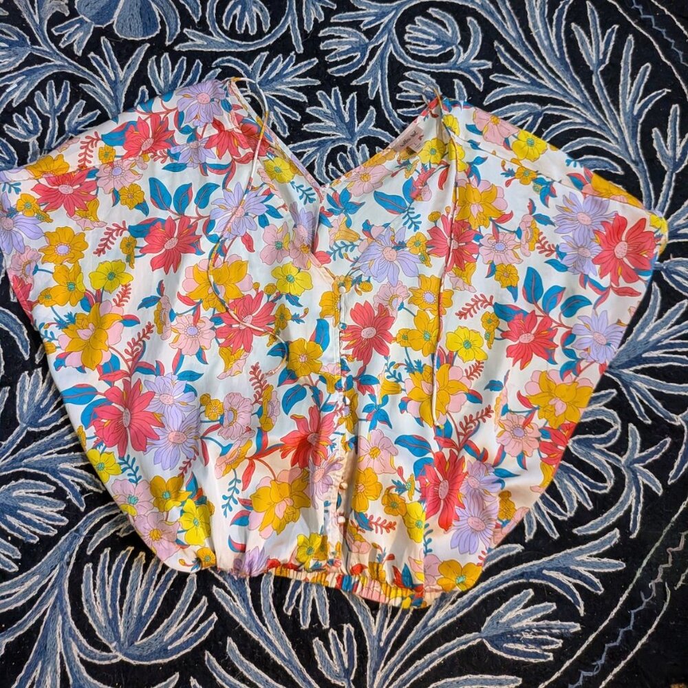 Willow + Root Women's Multicolor Floral Satin-looking Bubble Button Up Top L
